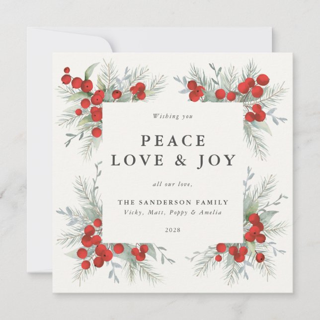 Cartes Pour Fêtes Annuelles Carré Red Berries Frontière Paix Amour + Joie Vaca (Devant)
