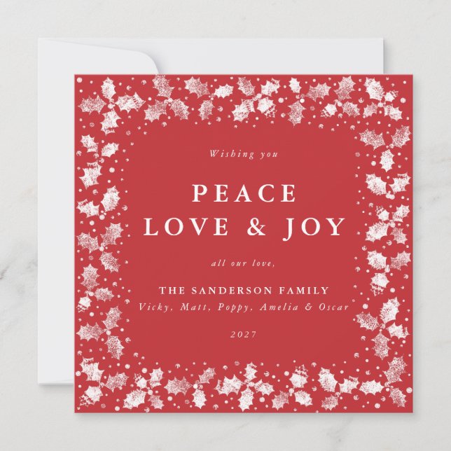 Cartes Pour Fêtes Annuelles Carré Rouge Main Imprimée Holly Peace Love + Joy (Devant)