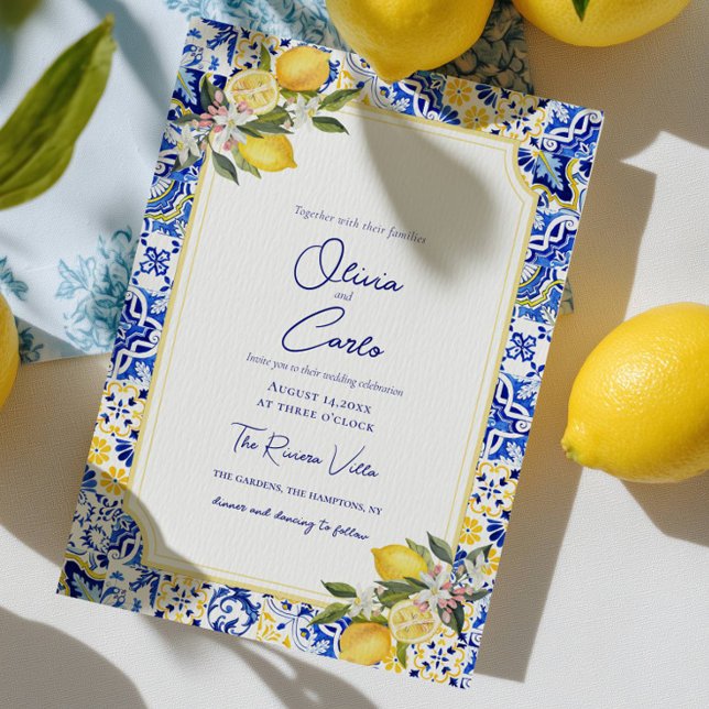Cartes Pour Fêtes Annuelles Carrelage méditerranéen italien et Mariage citron (Italian Mediterranean Tile & Lemon Wedding Holiday Card)