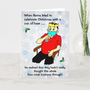 Cartes Pour Fêtes Annuelles Cartoon Homme Facemask Bière Can Snowflake Noël