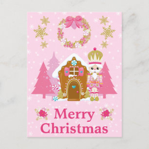 Cartes Pour Fêtes Annuelles Casse-noix rose et maison de pain d'épice