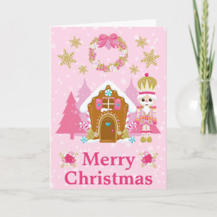 Cartes Pour Fêtes Annuelles Casse-noix rose et maison de pain d'épice