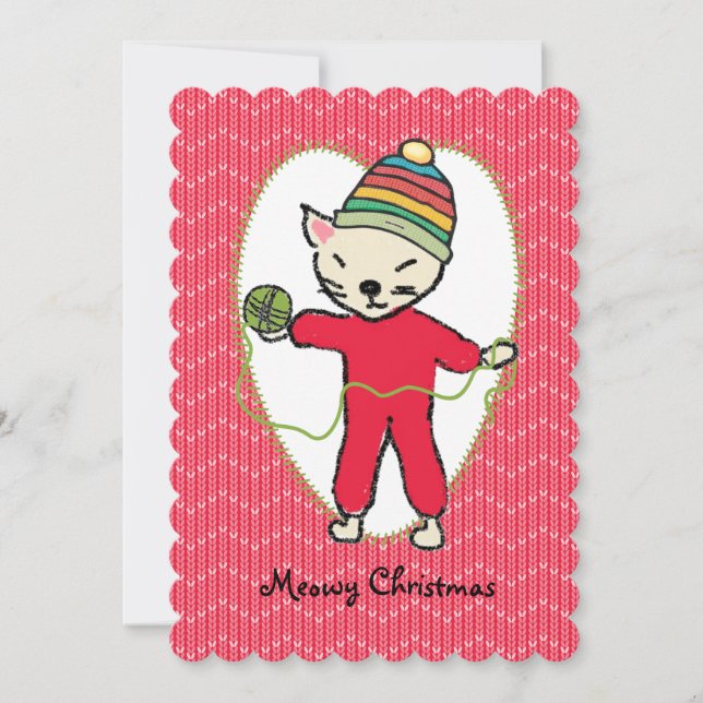 Cartes Pour Fêtes Annuelles Cat pyjama fil tricot crochet Noël (Devant)