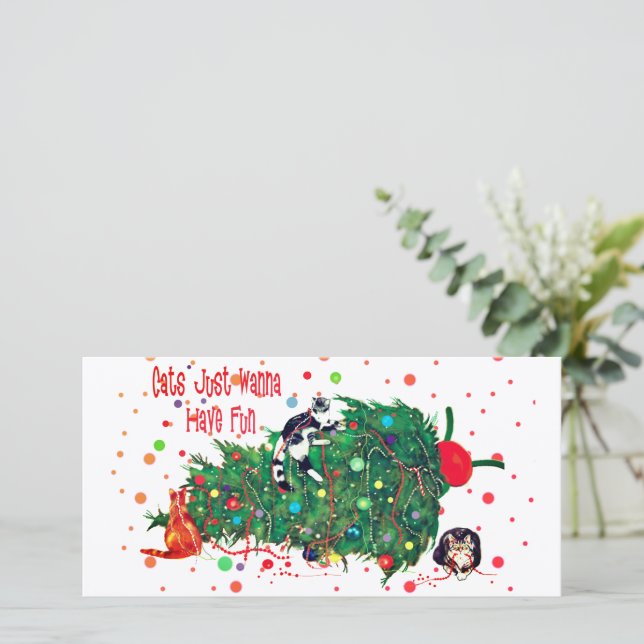 Cartes Pour Fêtes Annuelles Cats Noël Arbre mal (Debout devant)