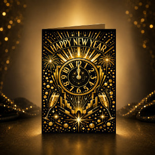 Cartes Pour Fêtes Annuelles Célébration de l'horloge de minuit en or Art Déco
