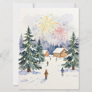 Cartes Pour Fêtes Annuelles Célébration de village d'hiver à l'aquarelle dessi
