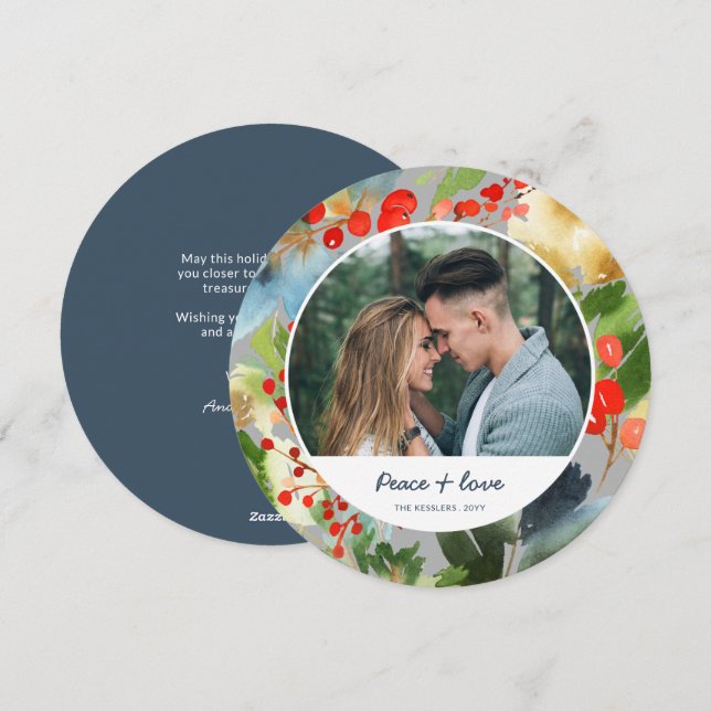 Cartes Pour Fêtes Annuelles Cercle de Noël floral aquarelle Photo Gris (Devant / Derrière)