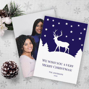Cartes Pour Fêtes Annuelles Cerf Bleu Blanc Hiver Noël Photo de Famille