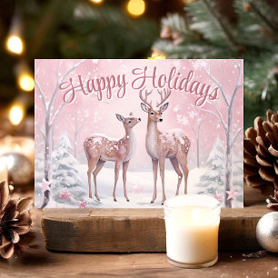 Cartes Pour Fêtes Annuelles Cerf dans la forêt d'hiver rose Joyeuses vacances