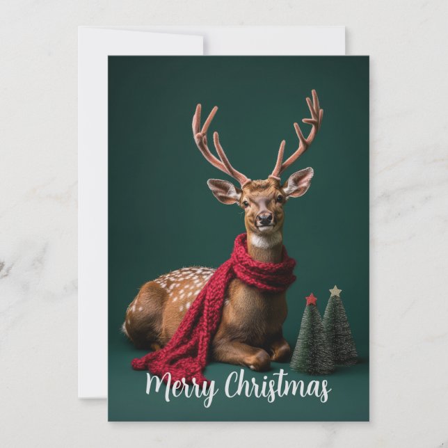 Cartes Pour Fêtes Annuelles Cerf de fête avec écharpe rouge - Art de Noël (Devant)