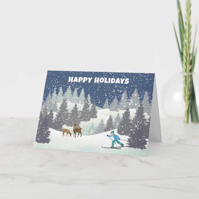 Cartes Pour Fêtes Annuelles Cerf De Noël Et Ski De Fond (Devant)
