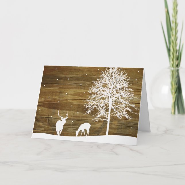 Cartes Pour Fêtes Annuelles Cerf d'hiver blanc et neige - Bois récupéré rustiq (Devant)