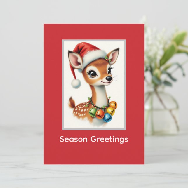 Cartes Pour Fêtes Annuelles Cerf élégant avec chapeau de Père Noël  (Debout devant)