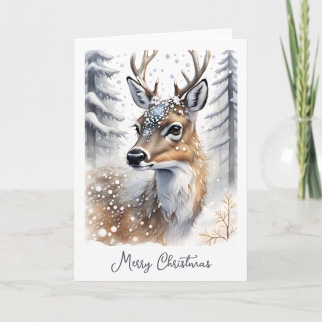 Cartes Pour Fêtes Annuelles Cerf Époustouflant dans la Neige de Noël (Devant)