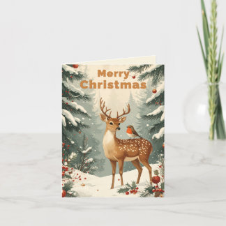 Cartes Pour Fêtes Annuelles Cerf et Rougegorge de Noël Vintage en Forêt