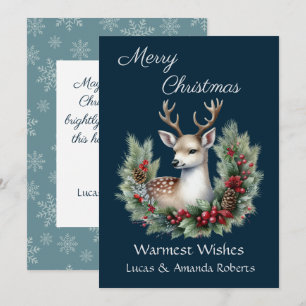Cartes Pour Fêtes Annuelles Cerf paisible, avec couronne blanche, sur bleu fon