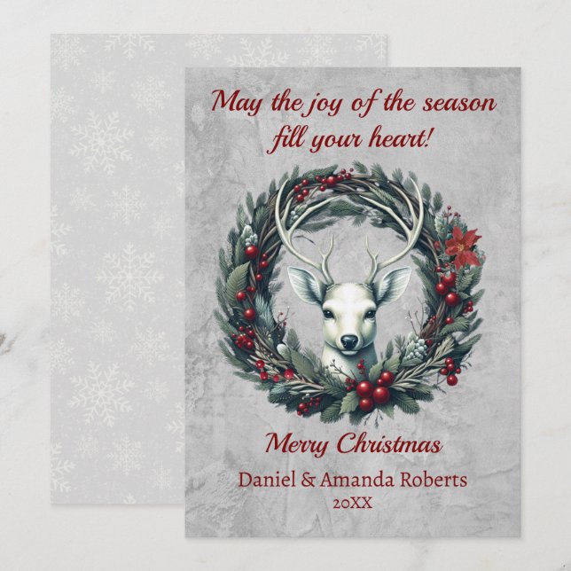 Cartes Pour Fêtes Annuelles Cerf paisible avec guirlande de baies de houx (Devant / Derrière)