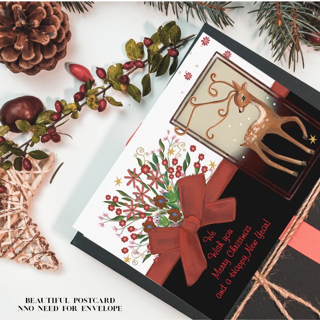 Cartes Pour Fêtes Annuelles Cerf rouge Bow noir blanc (Deer Red Bow Black White Holiday Postcard)