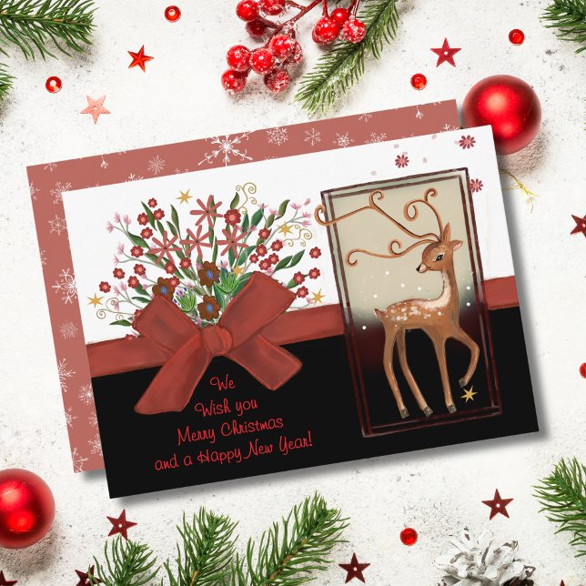 Cartes Pour Fêtes Annuelles Cerf rouge Bow noir blanc (Deer Red Bow Black White Holiday Card)