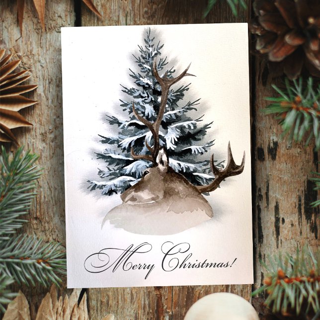 Cartes Pour Fêtes Annuelles Cerf Rustique Et À feuillage persistant Joyeux Noë (Rustic Deer And Evergreen Custom Merry Christmas Holiday Card)