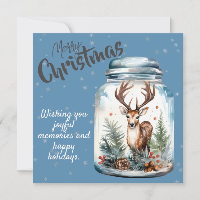 Cartes Pour Fêtes Annuelles Cerfs dans un pot Flocons de neige bleus (Devant)