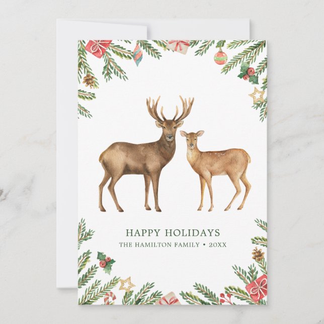 Cartes Pour Fêtes Annuelles Cerfs de fête à l'aquarelle (Devant)