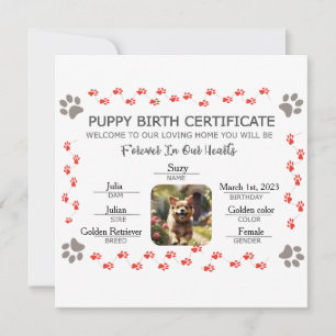 Cartes Pour Fêtes Annuelles Certificat de naissance personnalisé de chiot