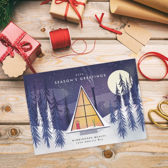 Cartes Pour Fêtes Annuelles Chalet de ski A Frame illustré en hiver (Créateur téléchargé)