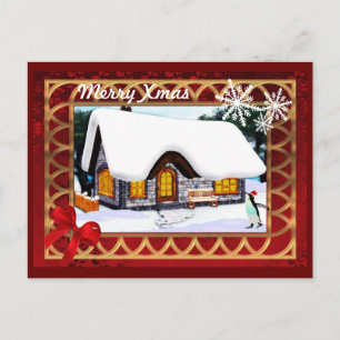 Cartes Pour Fêtes Annuelles Chalet d'hiver neige avec manchot noël
