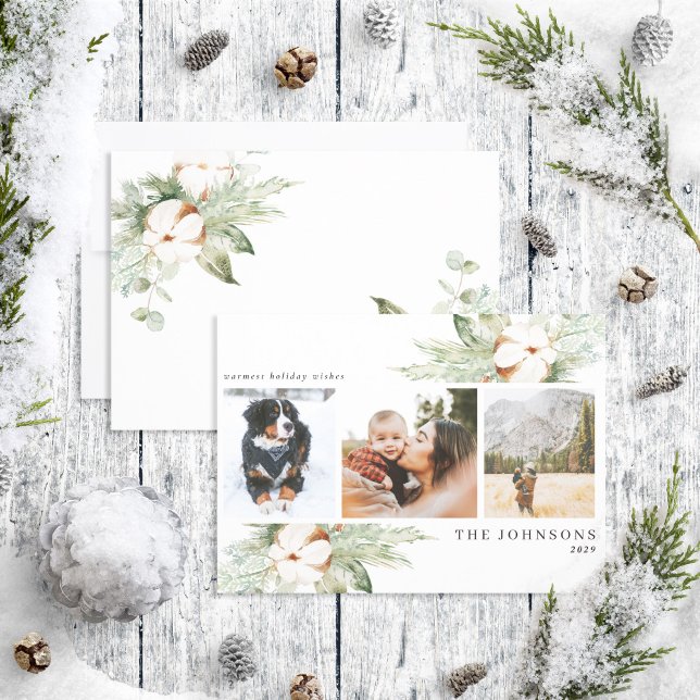 Cartes Pour Fêtes Annuelles Chaleureux Coton Winter Greenery Photo Holida (Créateur téléchargé)