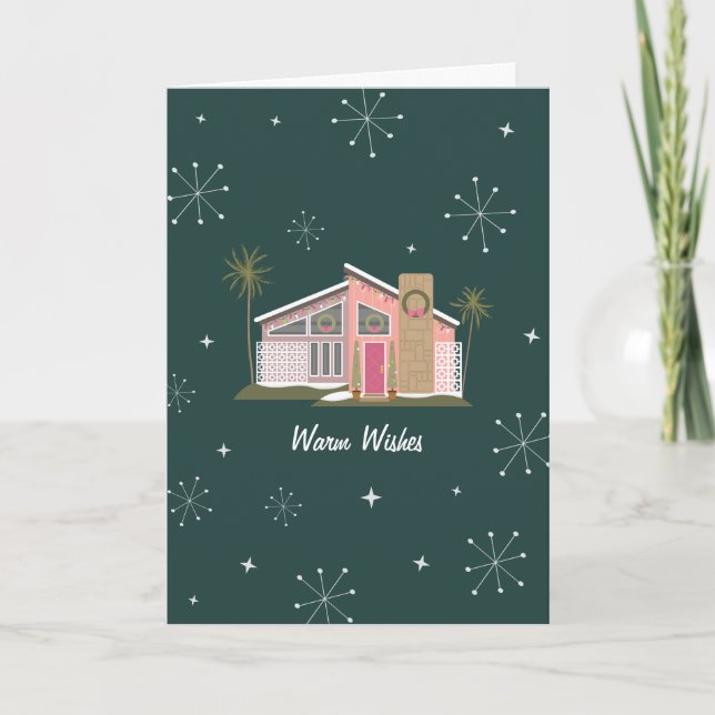 Cartes Pour Fêtes Annuelles Chaleureux Warm Wire Midsiècle Maison rose Noël (Devant)