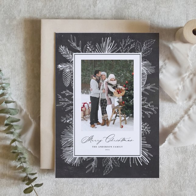 Cartes Pour Fêtes Annuelles Chalkboard Botanical Frame Merry Christmas Photo (Créateur téléchargé)