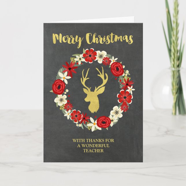 Cartes Pour Fêtes Annuelles Chalkboard Gold Deer Wreath Enseignant de Noël (Devant)