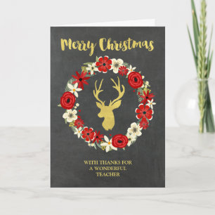 Cartes Pour Fêtes Annuelles Chalkboard Gold Deer Wreath Enseignant de Noël