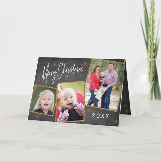 Cartes Pour Fêtes Annuelles Chalkboard Photo Collage Faux Gold Parties scintil (Devant)