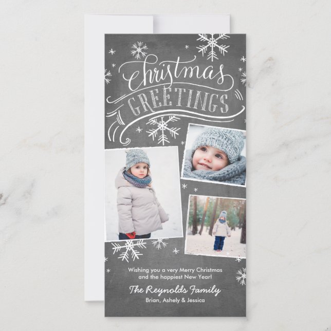 Cartes Pour Fêtes Annuelles Chalkboard Salutations 3-Photo Fête de Snowflake (Devant)