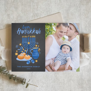 Cartes Pour Fêtes Annuelles Chalkboard Watercolor Menorah Happy Hanoukka Photo