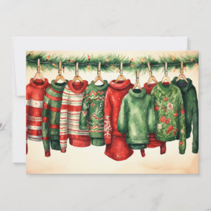 Cartes Pour Fêtes Annuelles Chandails festifs accrochés sur une ligne de linge