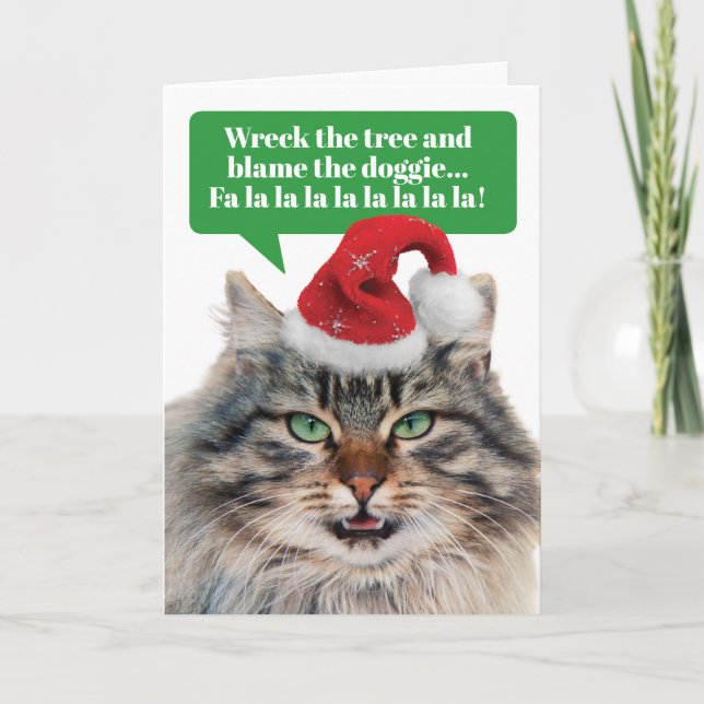 Cartes Pour Fêtes Annuelles Chant amusant Chat Wreck les arbres FaLaLa (Devant)