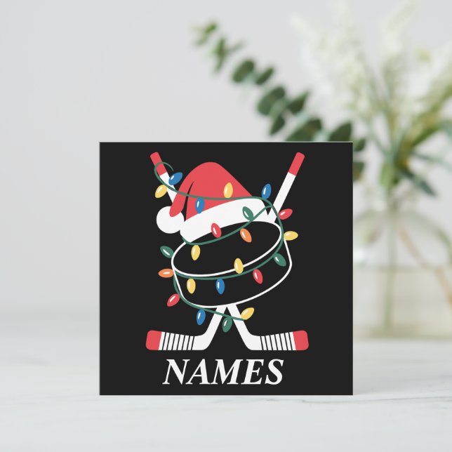 Cartes Pour Fêtes Annuelles Chapeau de Noël personnalisé avec nom Hockey Xmas  (Debout devant)