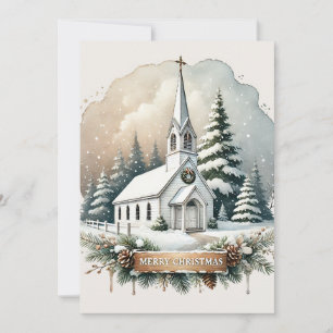 Cartes Pour Fêtes Annuelles Chapelle neigeuse la nuit Scène de Noël éclatant