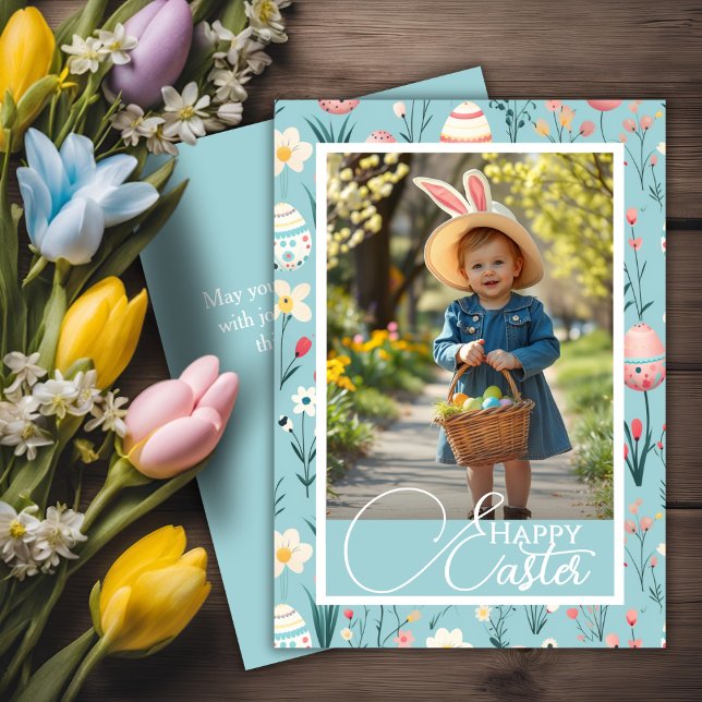 Cartes Pour Fêtes Annuelles Charme Floral & Oeufs Joyeux Pâques Photo personna (Charming Floral & Eggs Happy Easter Custom Photo Holiday Card)