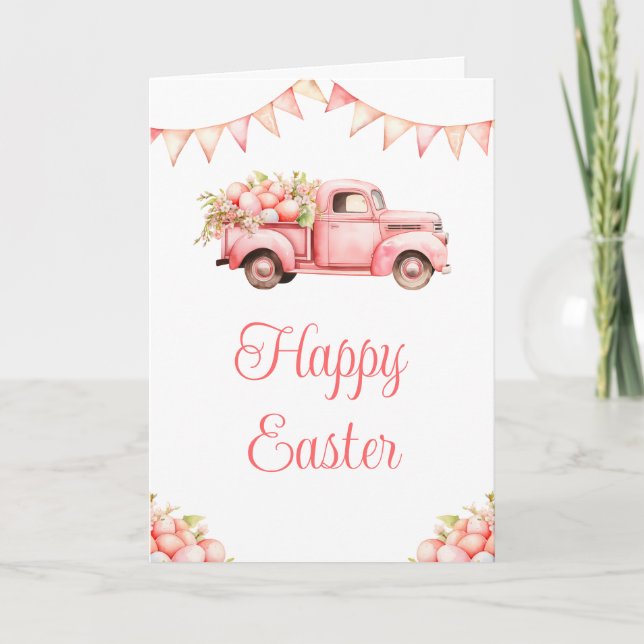 Cartes Pour Fêtes Annuelles Chasse aux oeufs de Pâques de Camion rose (Devant)