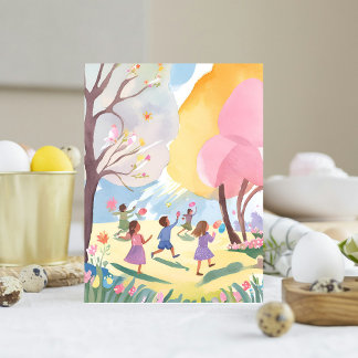Cartes Pour Fêtes Annuelles Chasse aux œufs de Pâques pastel Fleurie Aquarelle