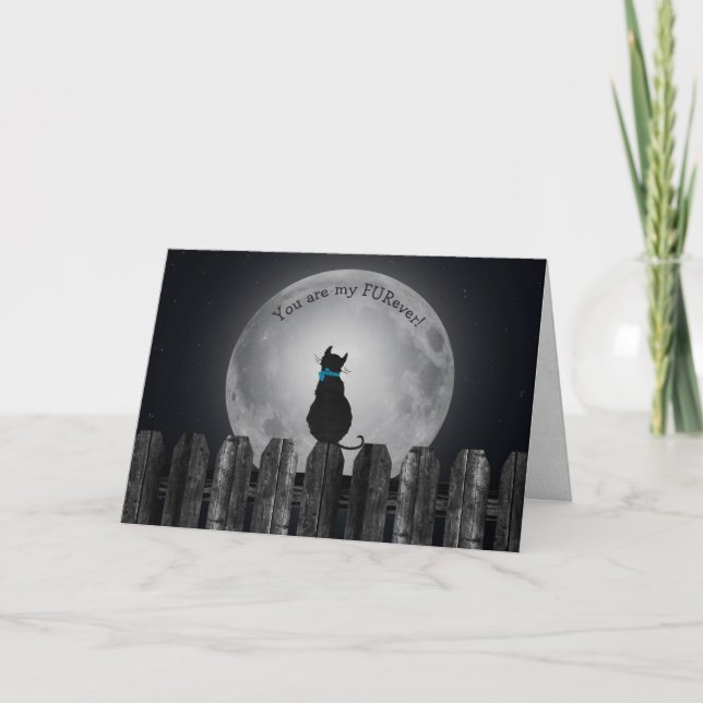 Cartes Pour Fêtes Annuelles chat à la clôture avec pleine lune valentine (Devant)
