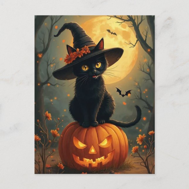 Cartes Pour Fêtes Annuelles Chat À Sorcière Halloween Sur Un Citrouille (Devant)