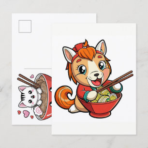 Cartes Pour Fêtes Annuelles Chat adorable savourant un festin de nouilles de r