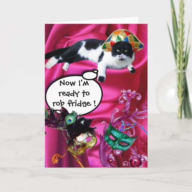CARTES POUR FÊTES ANNUELLES CHAT AVEC CASQUETTE HARLEQUIN ET MASQUERADE DE FÊT (Devant)