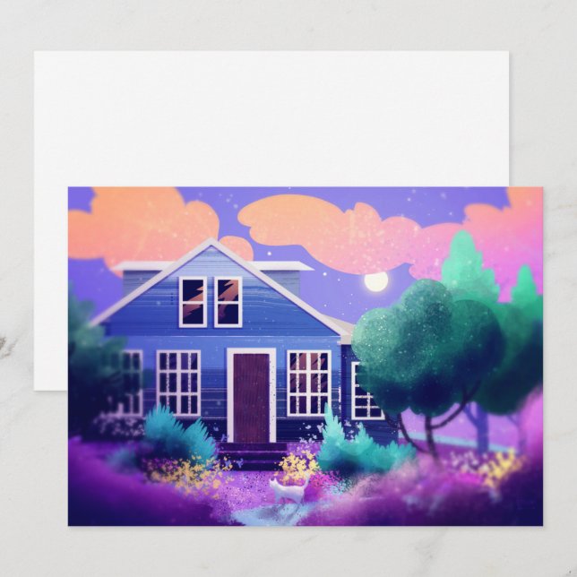 Cartes Pour Fêtes Annuelles Chat blanc dans le jardin de nuit (Devant / Derrière)