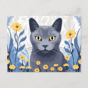 Cartes Pour Fêtes Annuelles Chat Bleu Russe Fleurs Jaunes